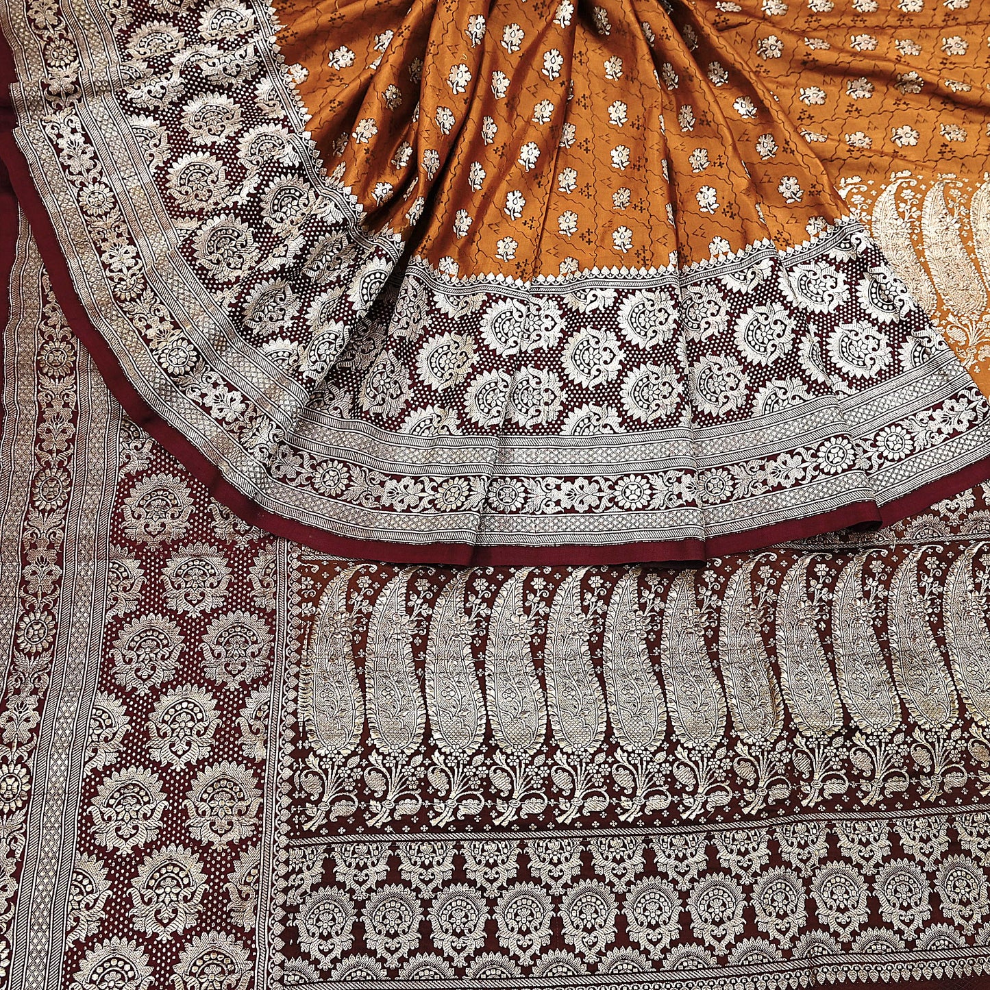 Indian Vintage Sari Brown & Mustard Heavy Pure Satin Silk Woven Banarasi Tanchoi Saree 5Yd Ethnic Craft Fabric Upcycle Bridal Heavy Sarees