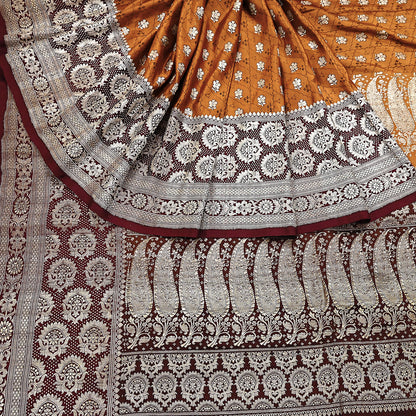 Indian Vintage Sari Brown & Mustard Heavy Pure Satin Silk Woven Banarasi Tanchoi Saree 5Yd Ethnic Craft Fabric Upcycle Bridal Heavy Sarees