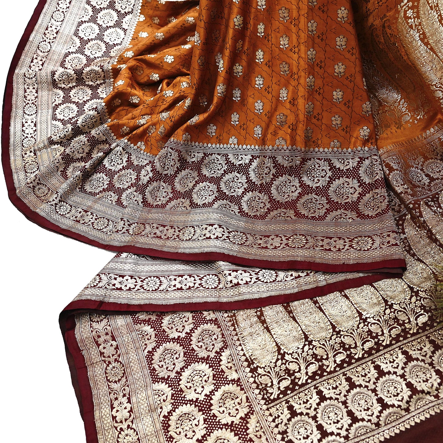 Indian Vintage Sari Brown & Mustard Heavy Pure Satin Silk Woven Banarasi Tanchoi Saree 5Yd Ethnic Craft Fabric Upcycle Bridal Heavy Sarees