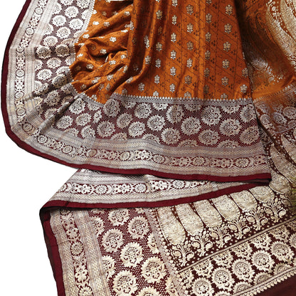 Indian Vintage Sari Brown & Mustard Heavy Pure Satin Silk Woven Banarasi Tanchoi Saree 5Yd Ethnic Craft Fabric Upcycle Bridal Heavy Sarees