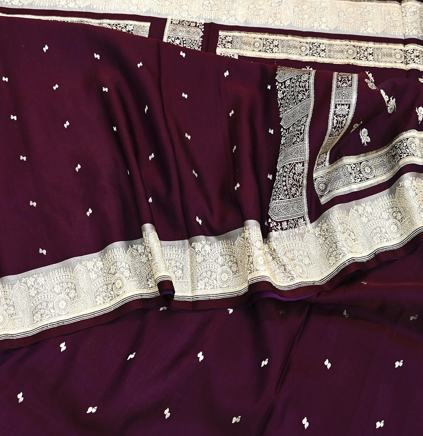 Indian Vintage Sari Wine & Gray Heavy Wedding Pure Satin Silk Banarasi Brocade Saree Zari 5Yd Craft Fabric Ethnic Dress making Crafting