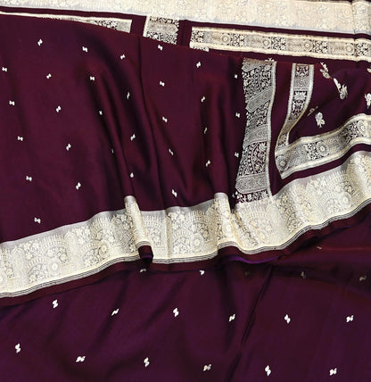 Indian Vintage Sari Wine & Gray Heavy Wedding Pure Satin Silk Banarasi Brocade Saree Zari 5Yd Craft Fabric Ethnic Dress making Crafting