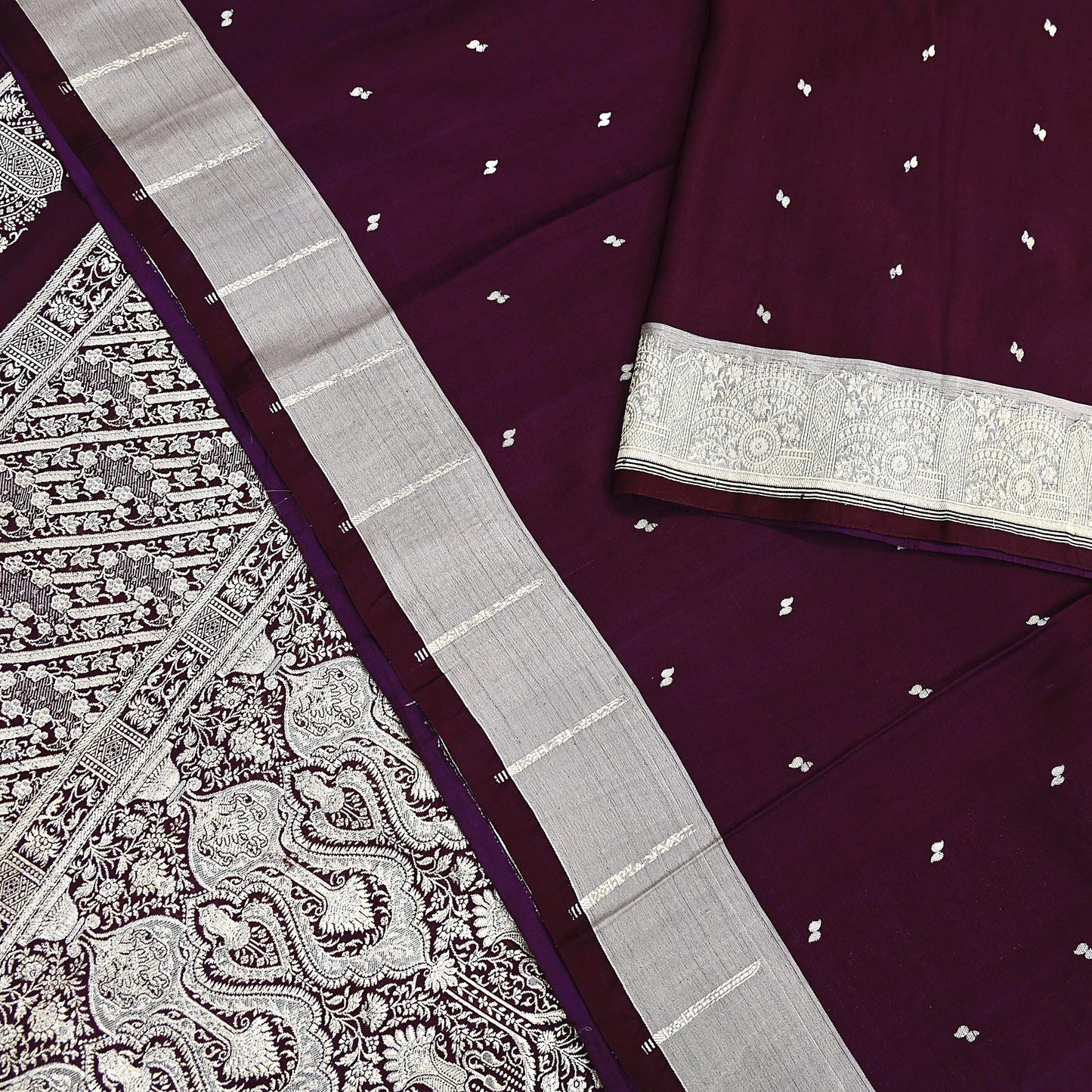 Indian Vintage Sari Wine & Gray Heavy Wedding Pure Satin Silk Banarasi Brocade Saree Zari 5Yd Craft Fabric Ethnic Dress making Crafting