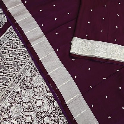 Indian Vintage Sari Wine & Gray Heavy Wedding Pure Satin Silk Banarasi Brocade Saree Zari 5Yd Craft Fabric Ethnic Dress making Crafting