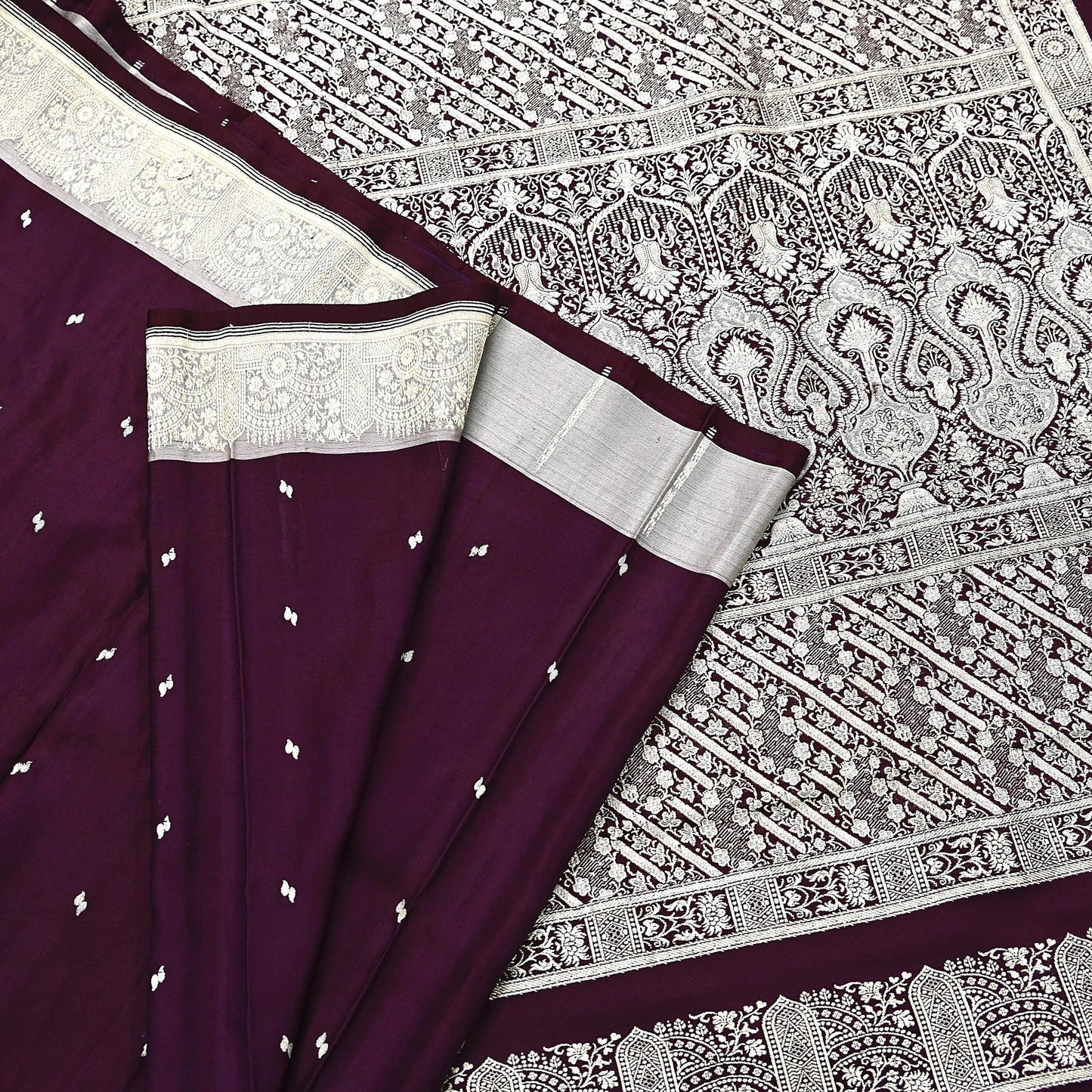 Indian Vintage Sari Wine & Gray Heavy Wedding Pure Satin Silk Banarasi Brocade Saree Zari 5Yd Craft Fabric Ethnic Dress making Crafting