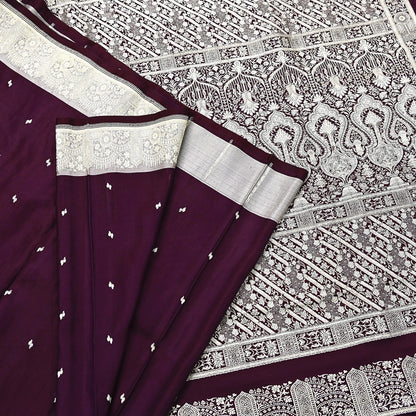 Indian Vintage Sari Wine & Gray Heavy Wedding Pure Satin Silk Banarasi Brocade Saree Zari 5Yd Craft Fabric Ethnic Dress making Crafting