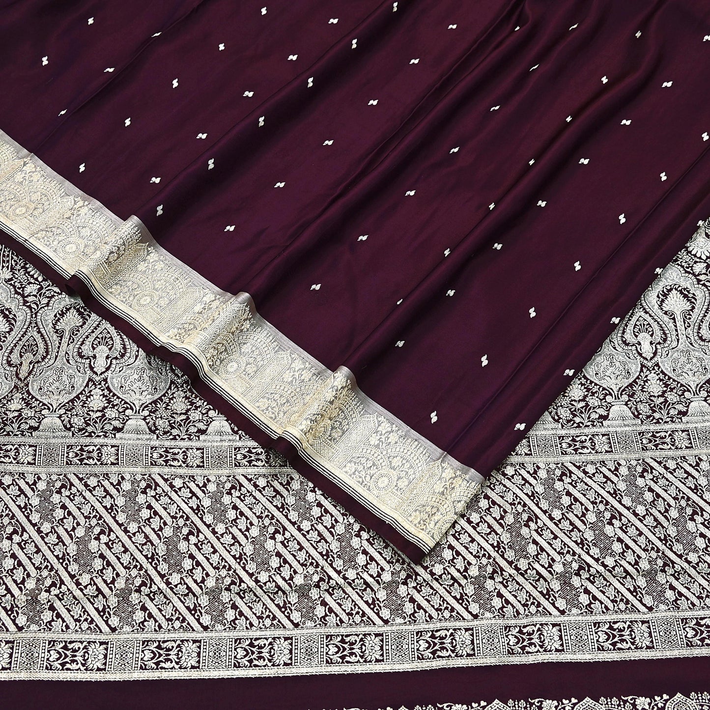 Indian Vintage Sari Wine & Gray Heavy Wedding Pure Satin Silk Banarasi Brocade Saree Zari 5Yd Craft Fabric Ethnic Dress making Crafting