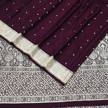 Indian Vintage Sari Wine & Gray Heavy Wedding Pure Satin Silk Banarasi Brocade Saree Zari 5Yd Craft Fabric Ethnic Dress making Crafting