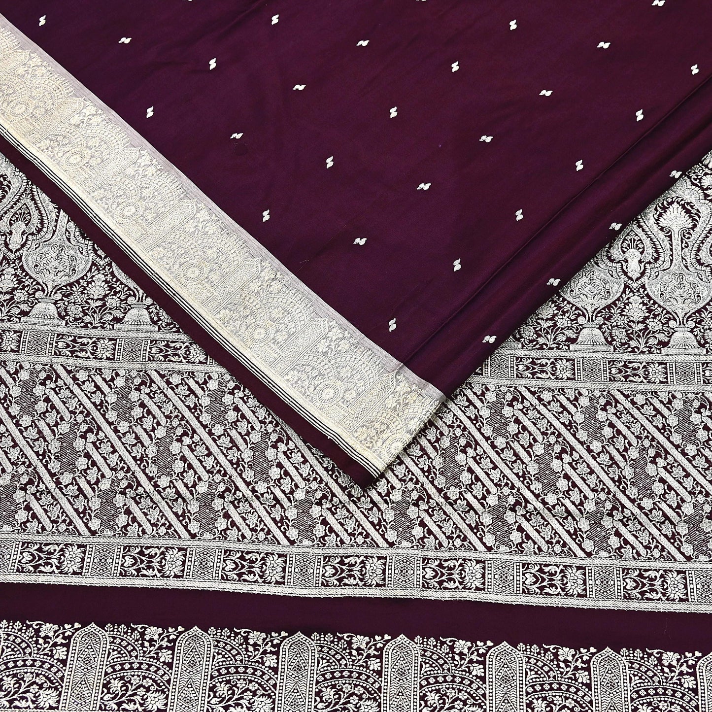 Indian Vintage Sari Wine & Gray Heavy Wedding Pure Satin Silk Banarasi Brocade Saree Zari 5Yd Craft Fabric Ethnic Dress making Crafting
