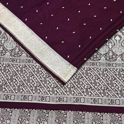 Indian Vintage Sari Wine & Gray Heavy Wedding Pure Satin Silk Banarasi Brocade Saree Zari 5Yd Craft Fabric Ethnic Dress making Crafting