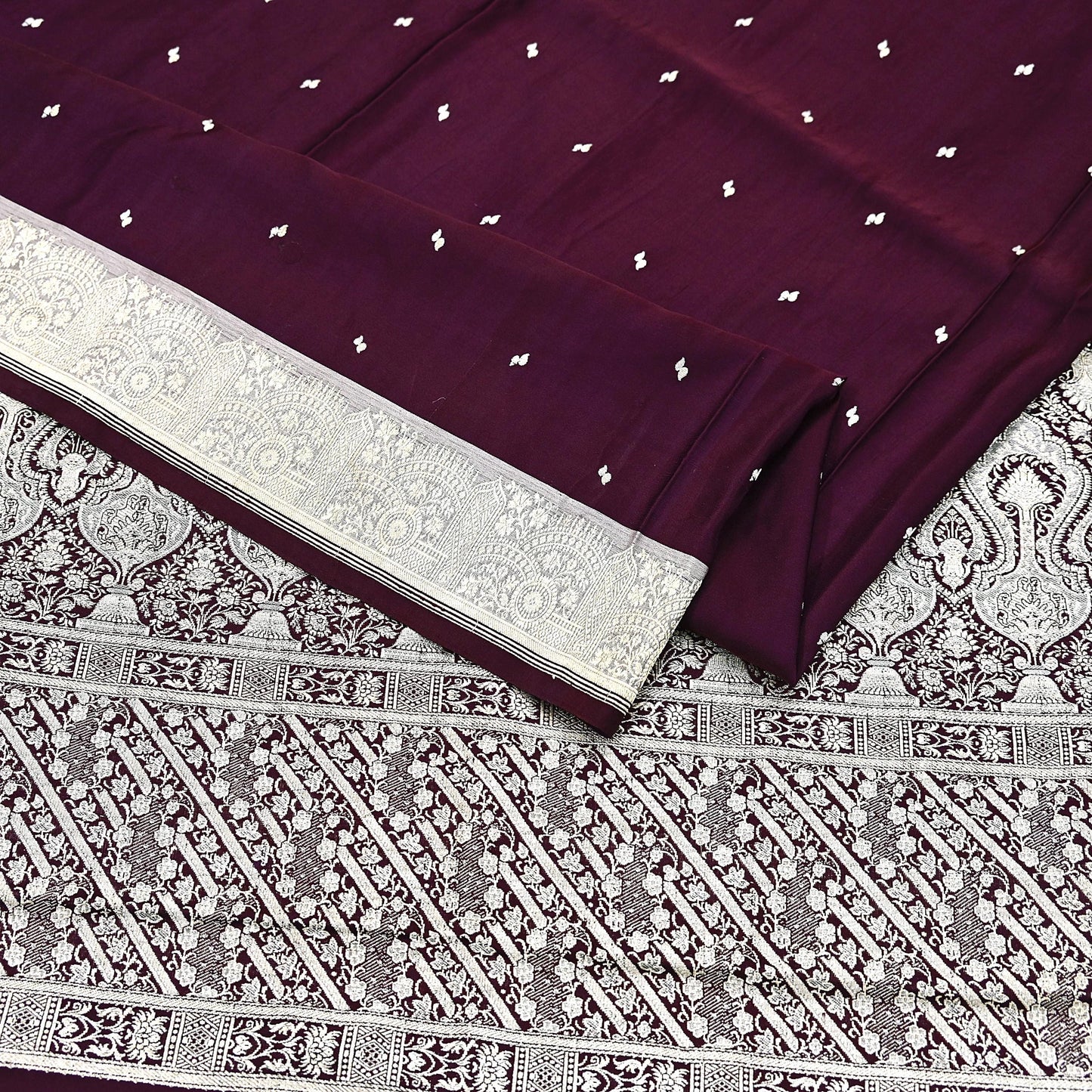 Indian Vintage Sari Wine & Gray Heavy Wedding Pure Satin Silk Banarasi Brocade Saree Zari 5Yd Craft Fabric Ethnic Dress making Crafting