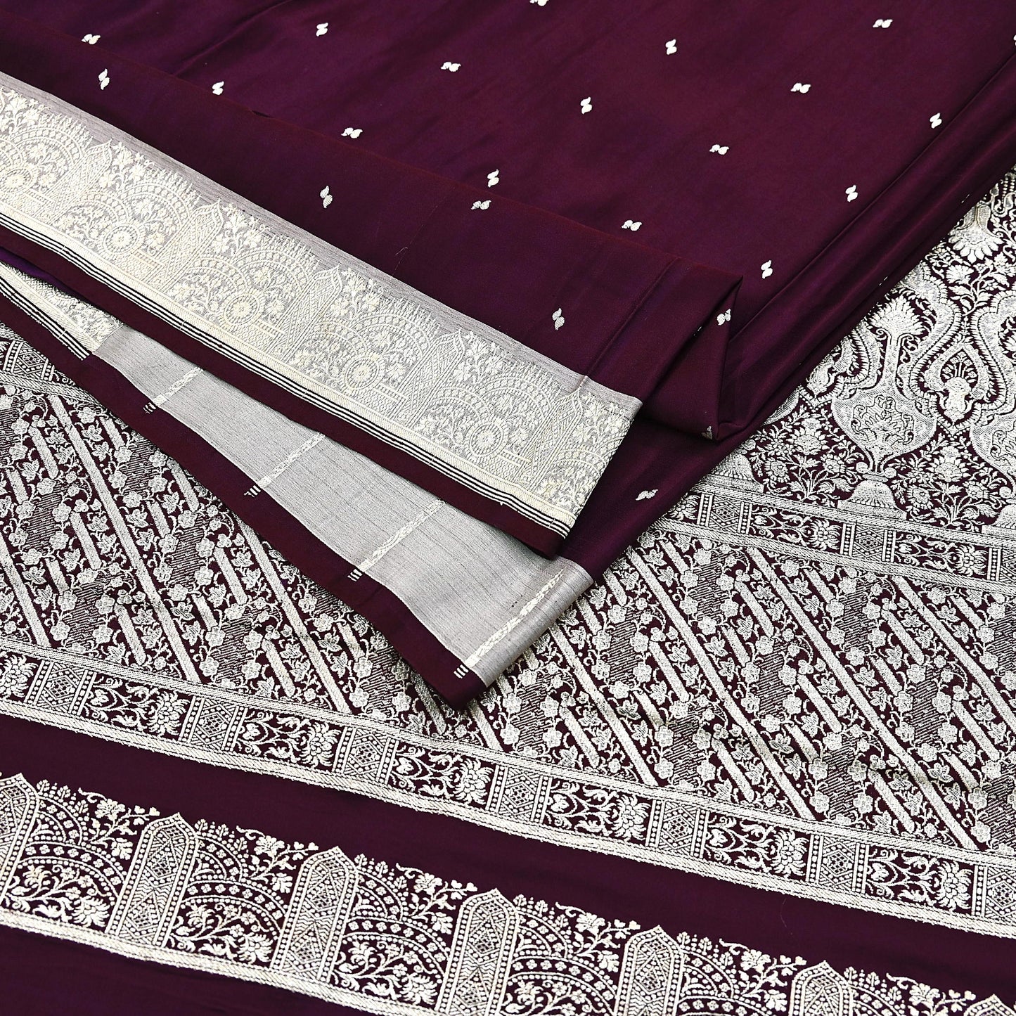 Indian Vintage Sari Wine & Gray Heavy Wedding Pure Satin Silk Banarasi Brocade Saree Zari 5Yd Craft Fabric Ethnic Dress making Crafting