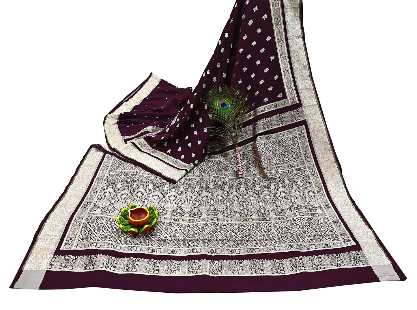 Indian Vintage Sari Wine & Gray Heavy Wedding Pure Satin Silk Banarasi Brocade Saree Zari 5Yd Craft Fabric Ethnic Dress making Crafting