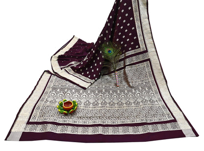 Indian Vintage Sari Wine & Gray Heavy Wedding Pure Satin Silk Banarasi Brocade Saree Zari 5Yd Craft Fabric Ethnic Dress making Crafting