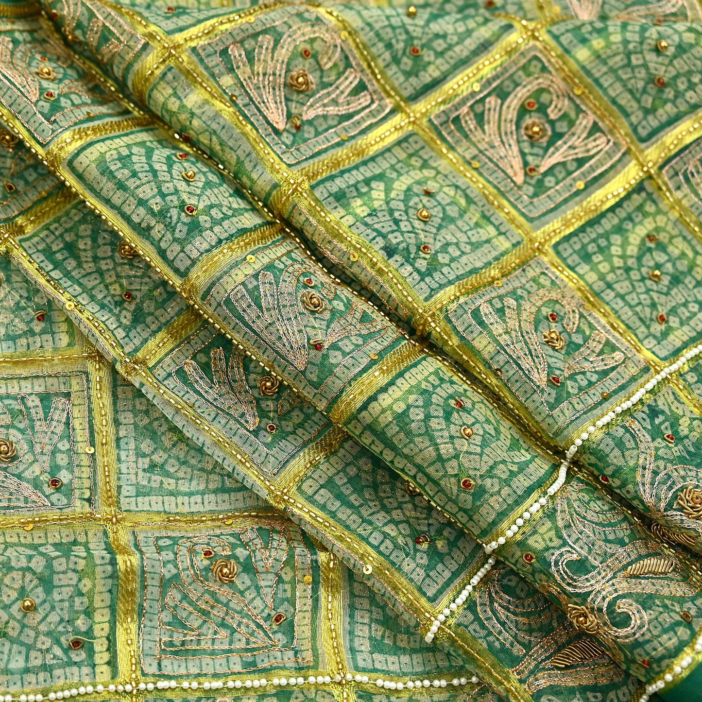 Indian Vintage Heavy Beige & Green Dupatta Organza Long Stole Hand Embroidered Bandhani Scarves Zari Zardozi/Dabka Floral