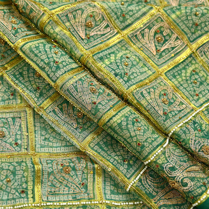Indian Vintage Heavy Beige & Green Dupatta Organza Long Stole Hand Embroidered Bandhani Scarves Zari Zardozi/Dabka Floral