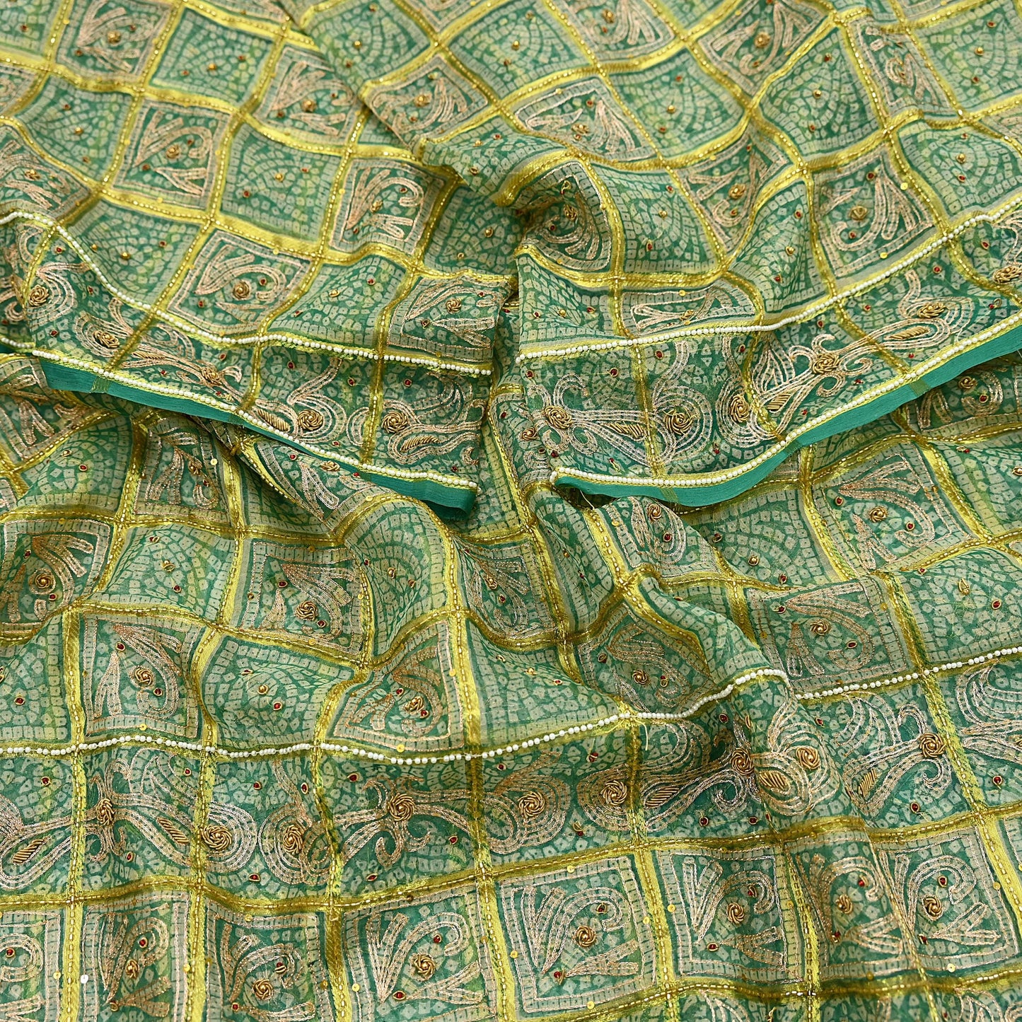 Indian Vintage Heavy Beige & Green Dupatta Organza Long Stole Hand Embroidered Bandhani Scarves Zari Zardozi/Dabka Floral