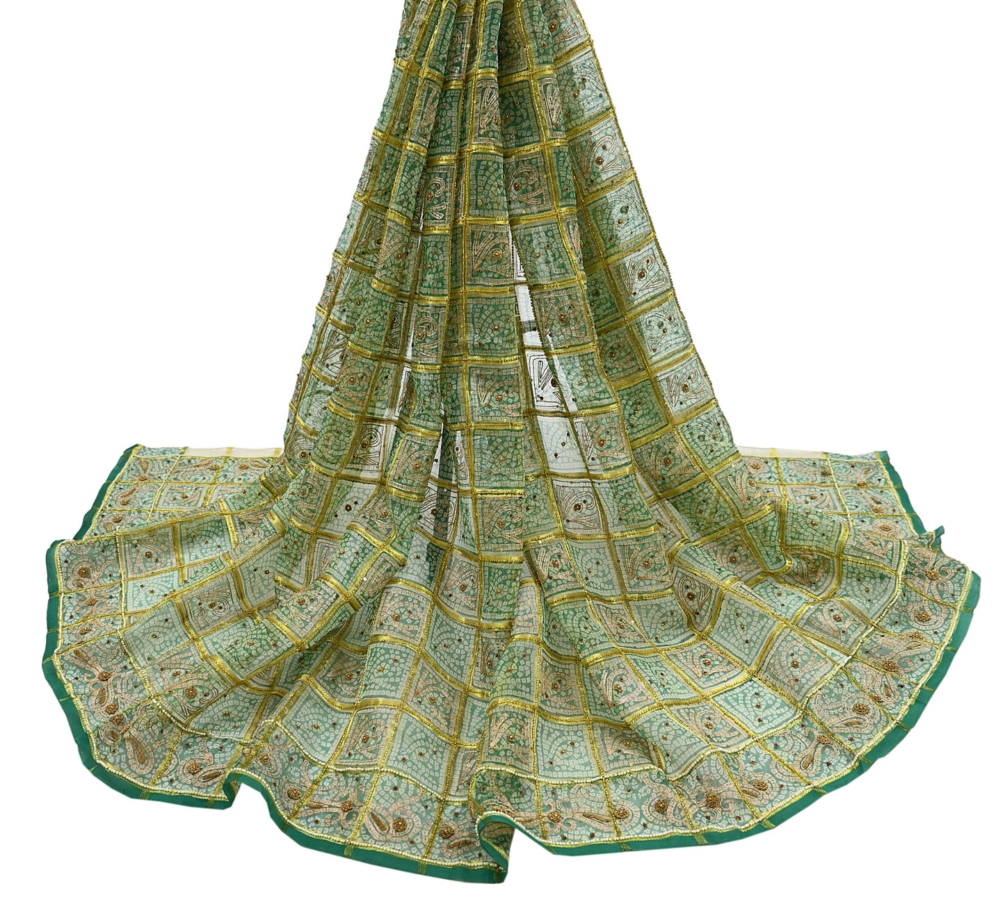 Indian Vintage Heavy Beige & Green Dupatta Organza Long Stole Hand Embroidered Bandhani Scarves Zari Zardozi/Dabka Floral