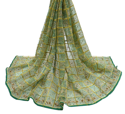 Indian Vintage Heavy Beige & Green Dupatta Organza Long Stole Hand Embroidered Bandhani Scarves Zari Zardozi/Dabka Floral