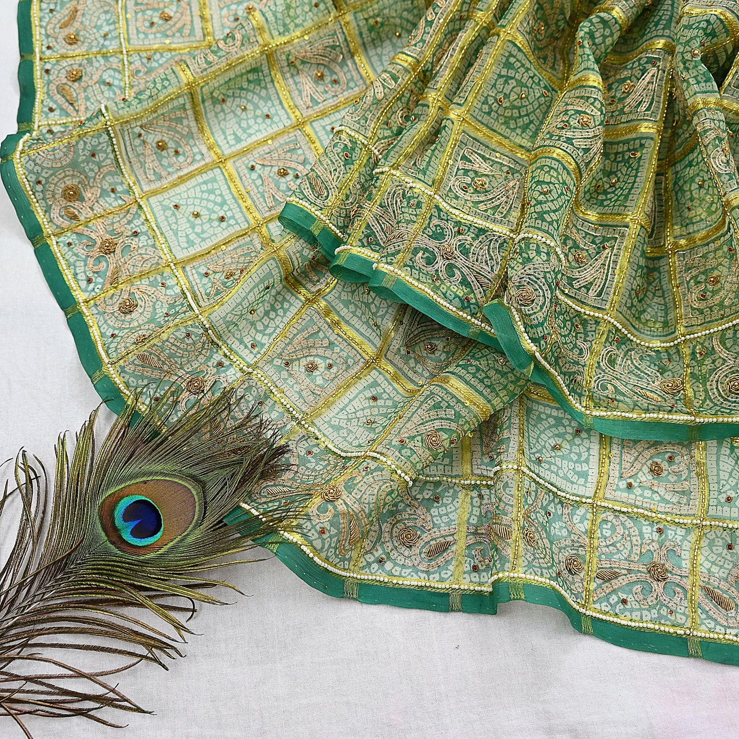Indian Vintage Heavy Beige & Green Dupatta Organza Long Stole Hand Embroidered Bandhani Scarves Zari Zardozi/Dabka Floral