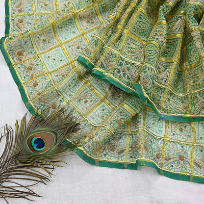 Indian Vintage Heavy Beige & Green Dupatta Organza Long Stole Hand Embroidered Bandhani Scarves Zari Zardozi/Dabka Floral