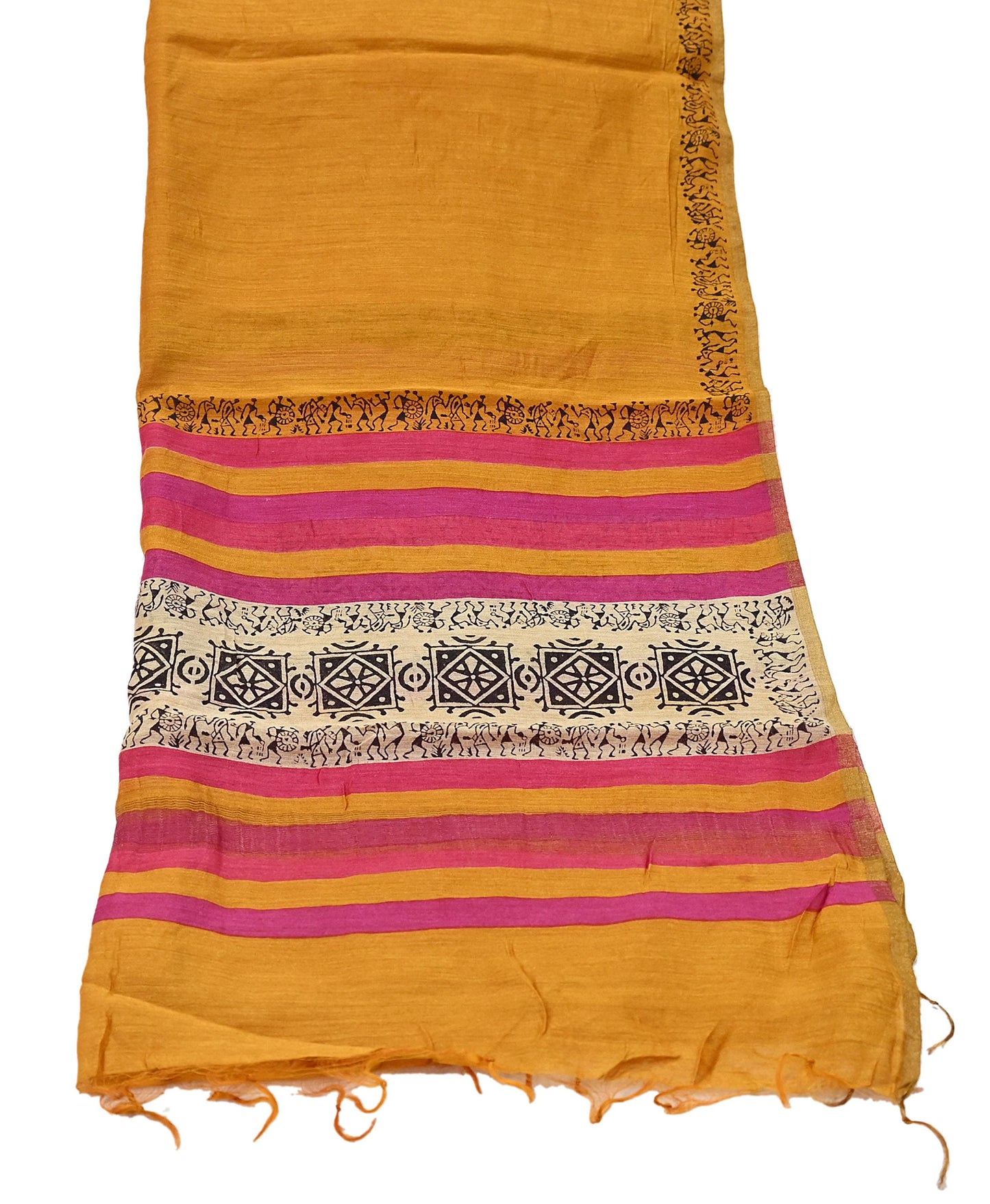 Indian Vintage Mustard Dupatta Long Stole 100% Pure Chanderi Silk Handloom warli Print Scarves Veil Scarf Wrap Hippie Fringes