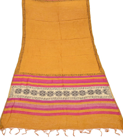 Indian Vintage Mustard Dupatta Long Stole 100% Pure Chanderi Silk Handloom warli Print Scarves Veil Scarf Wrap Hippie Fringes