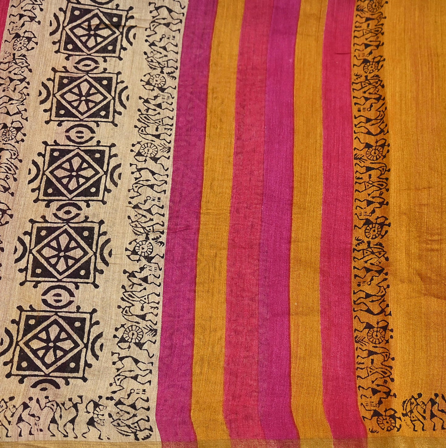 Indian Vintage Mustard Dupatta Long Stole 100% Pure Chanderi Silk Handloom warli Print Scarves Veil Scarf Wrap Hippie Fringes