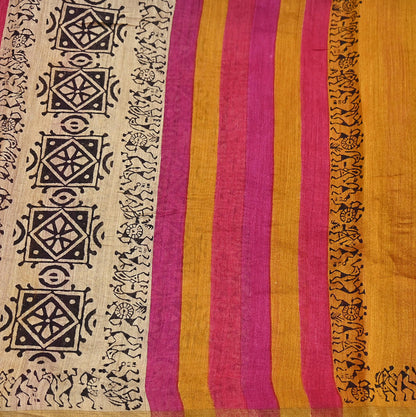 Indian Vintage Mustard Dupatta Long Stole 100% Pure Chanderi Silk Handloom warli Print Scarves Veil Scarf Wrap Hippie Fringes