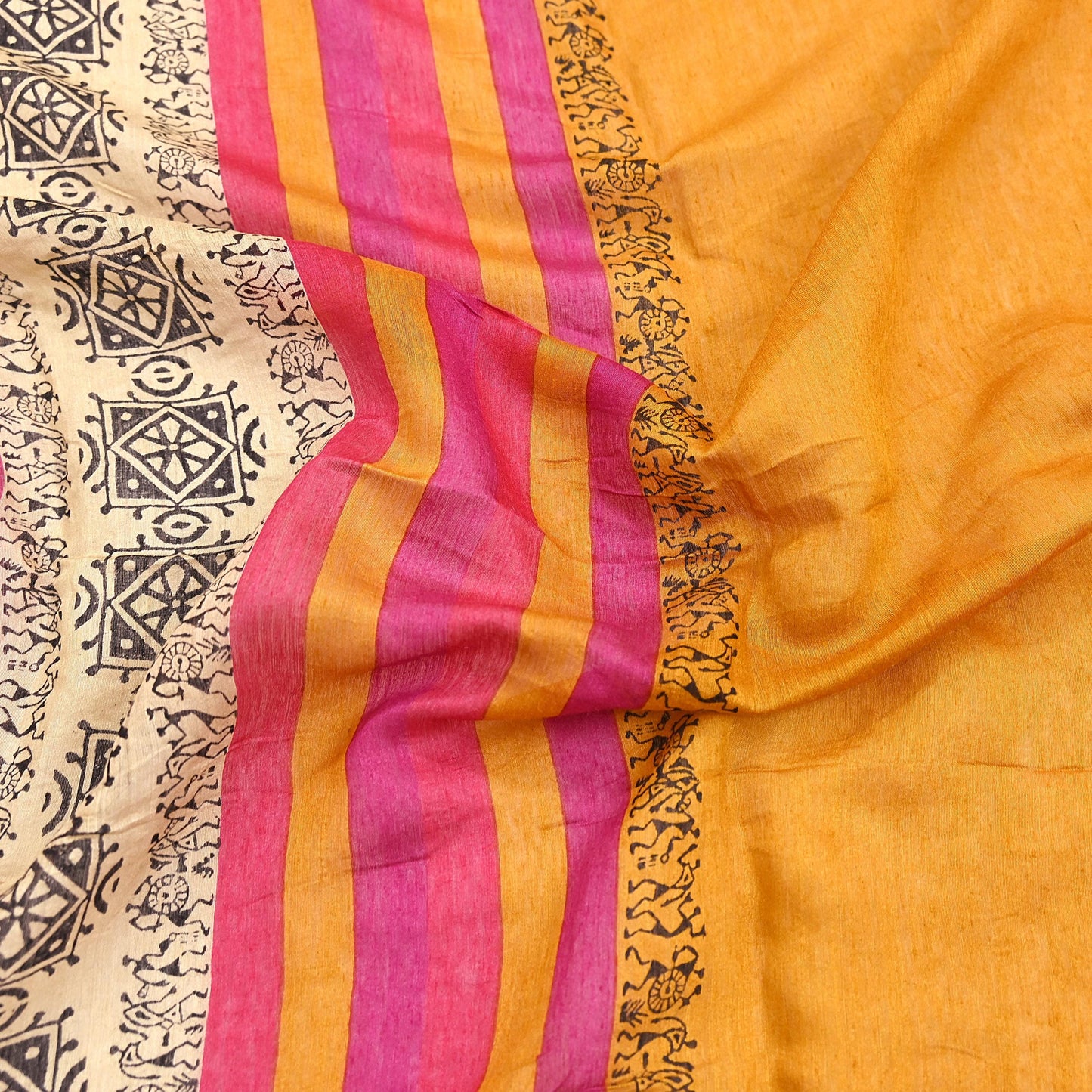 Indian Vintage Mustard Dupatta Long Stole 100% Pure Chanderi Silk Handloom warli Print Scarves Veil Scarf Wrap Hippie Fringes