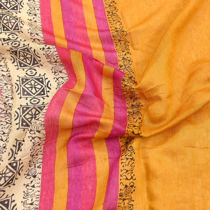 Indian Vintage Mustard Dupatta Long Stole 100% Pure Chanderi Silk Handloom warli Print Scarves Veil Scarf Wrap Hippie Fringes