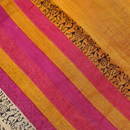 Indian Vintage Mustard Dupatta Long Stole 100% Pure Chanderi Silk Handloom warli Print Scarves Veil Scarf Wrap Hippie Fringes
