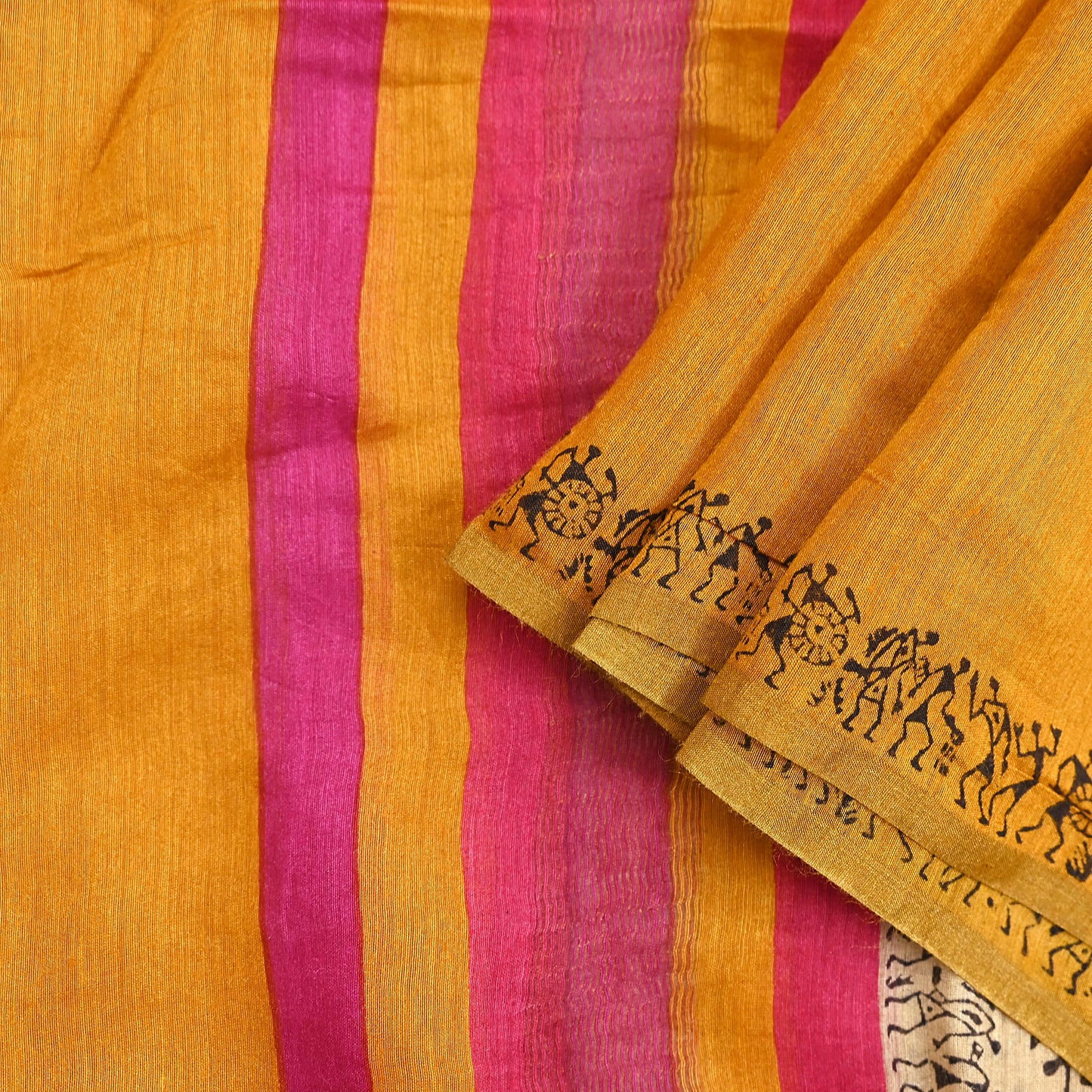 Indian Vintage Mustard Dupatta Long Stole 100% Pure Chanderi Silk Handloom warli Print Scarves Veil Scarf Wrap Hippie Fringes