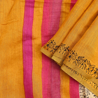 Indian Vintage Mustard Dupatta Long Stole 100% Pure Chanderi Silk Handloom warli Print Scarves Veil Scarf Wrap Hippie Fringes