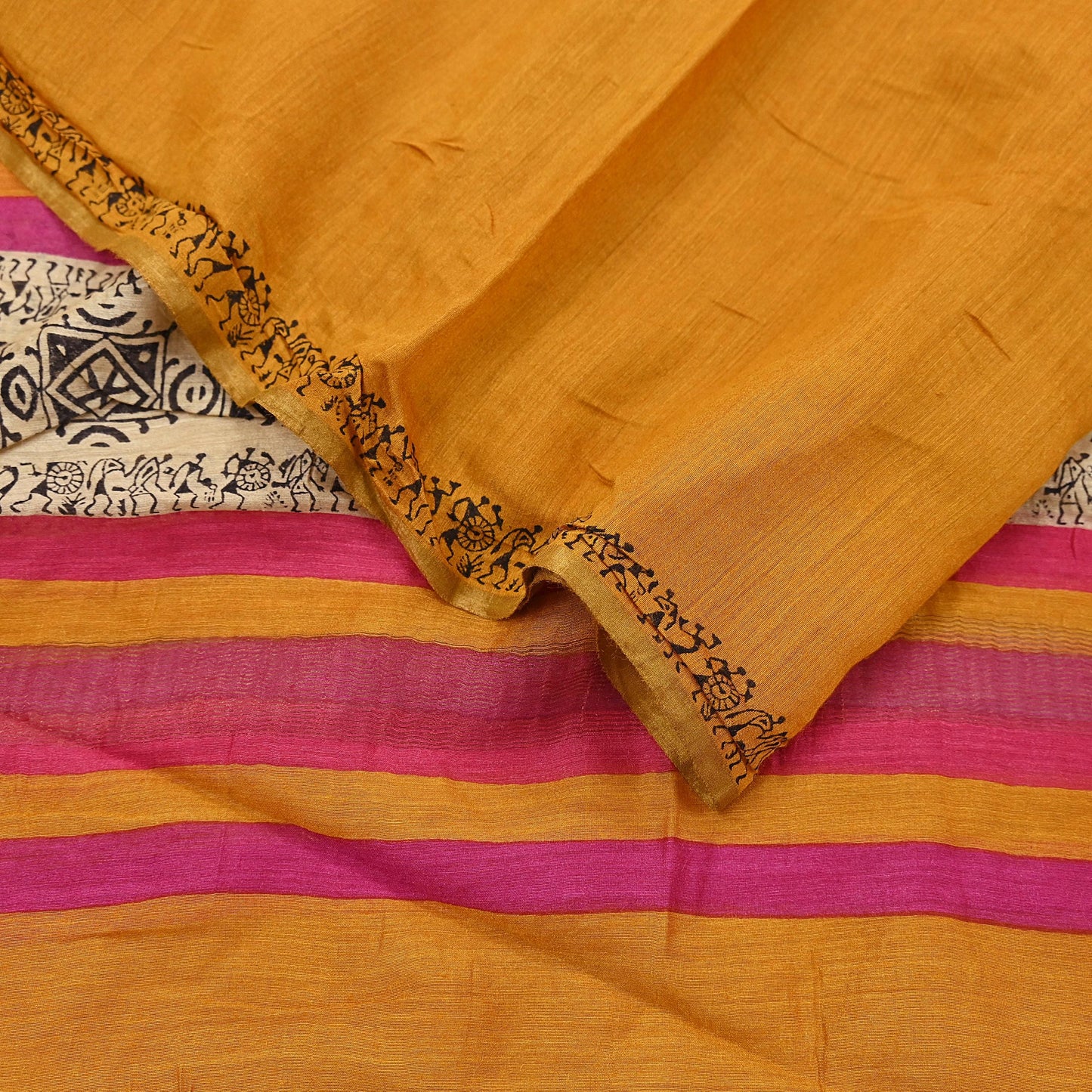 Indian Vintage Mustard Dupatta Long Stole 100% Pure Chanderi Silk Handloom warli Print Scarves Veil Scarf Wrap Hippie Fringes