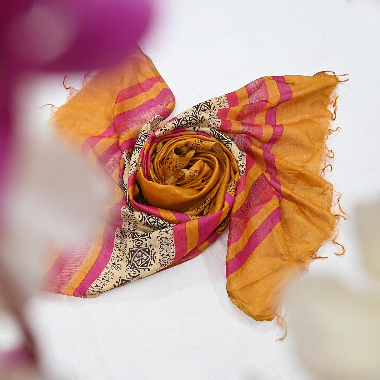 Indian Vintage Mustard Dupatta Long Stole 100% Pure Chanderi Silk Handloom warli Print Scarves Veil Scarf Wrap Hippie Fringes