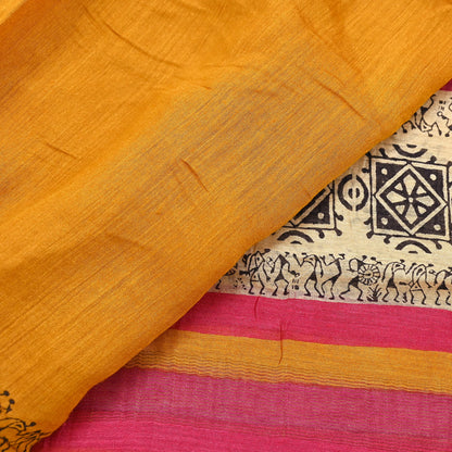 Indian Vintage Mustard Dupatta Long Stole 100% Pure Chanderi Silk Handloom warli Print Scarves Veil Scarf Wrap Hippie Fringes