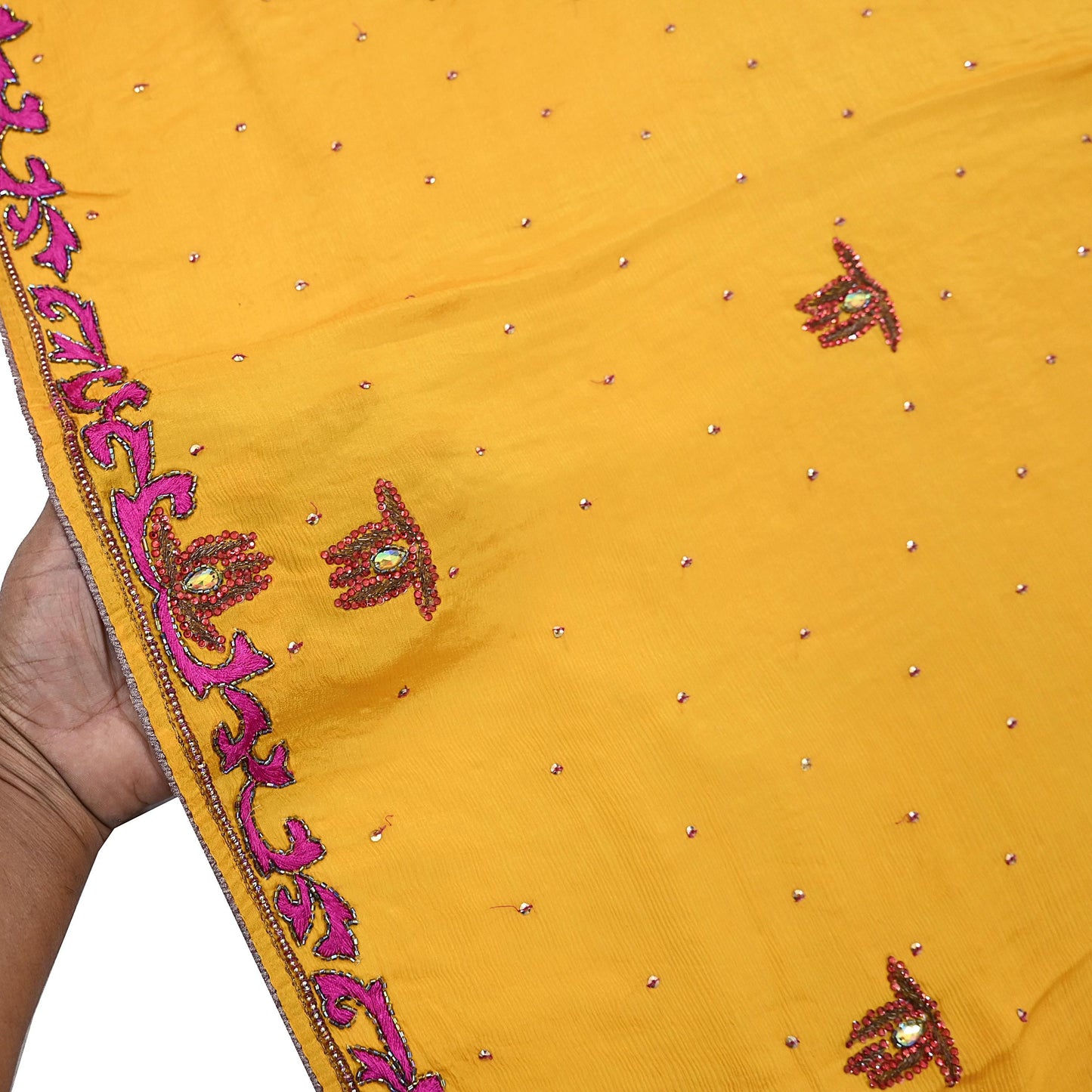 Indian Vintage Saffron Dupatta Pure silk Long Stole Hand Embroidered Scarves Stole Veil Wrap Sequins