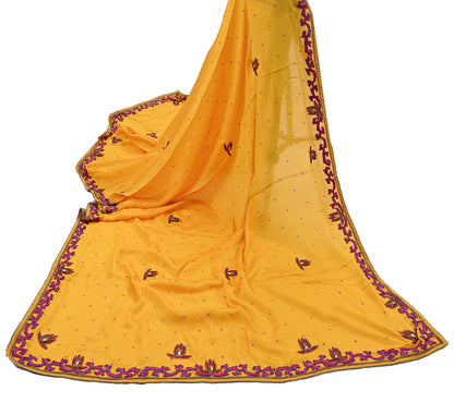 Indian Vintage Saffron Dupatta Pure silk Long Stole Hand Embroidered Scarves Stole Veil Wrap Sequins