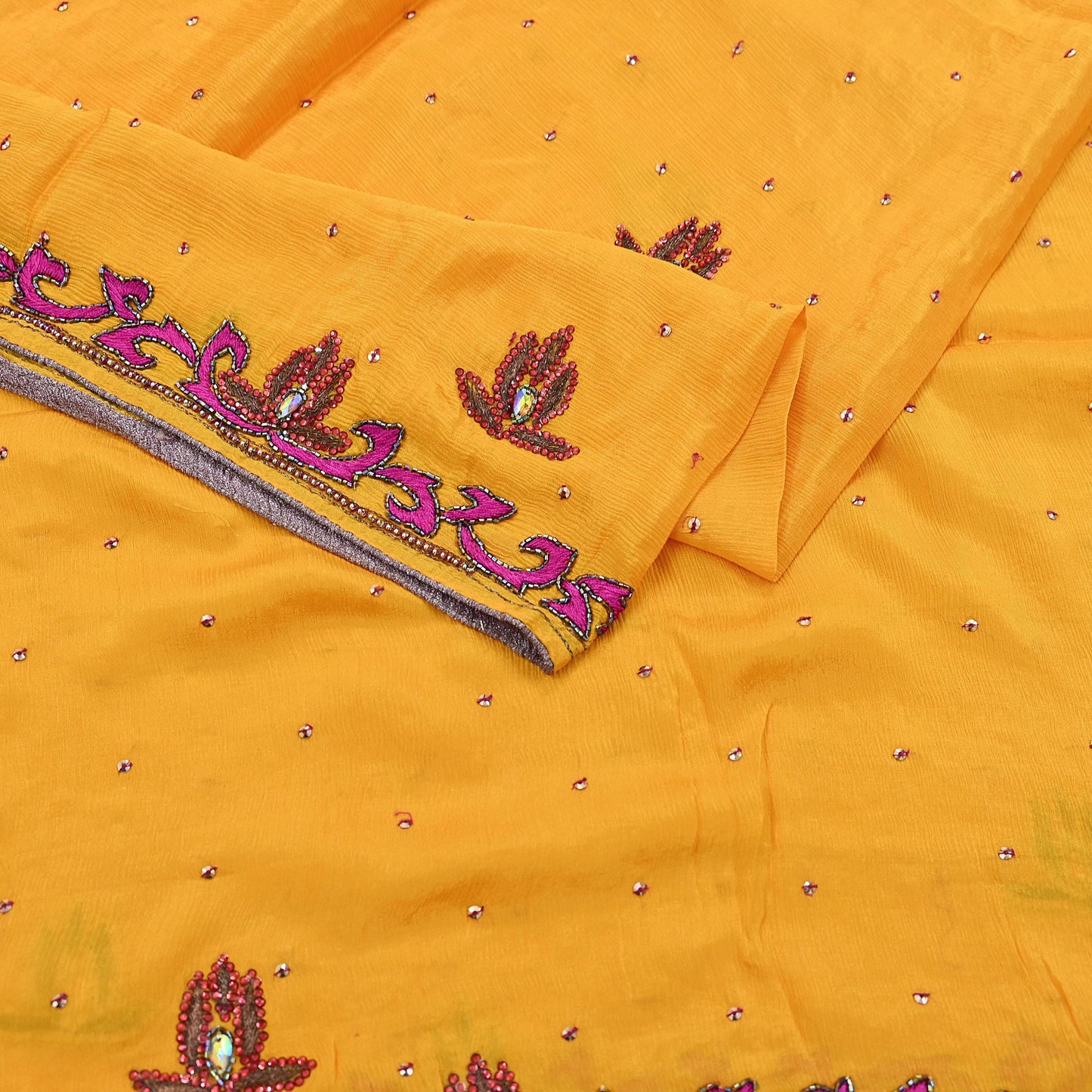 Indian Vintage Saffron Dupatta Pure silk Long Stole Hand Embroidered Scarves Stole Veil Wrap Sequins