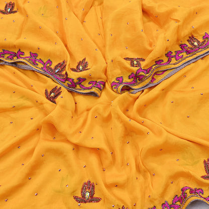 Indian Vintage Saffron Dupatta Pure silk Long Stole Hand Embroidered Scarves Stole Veil Wrap Sequins