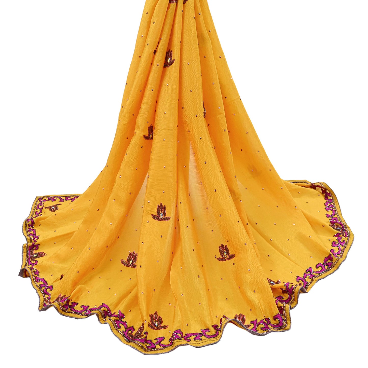 Indian Vintage Saffron Dupatta Pure silk Long Stole Hand Embroidered Scarves Stole Veil Wrap Sequins
