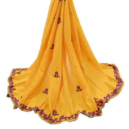 Indian Vintage Saffron Dupatta Pure silk Long Stole Hand Embroidered Scarves Stole Veil Wrap Sequins