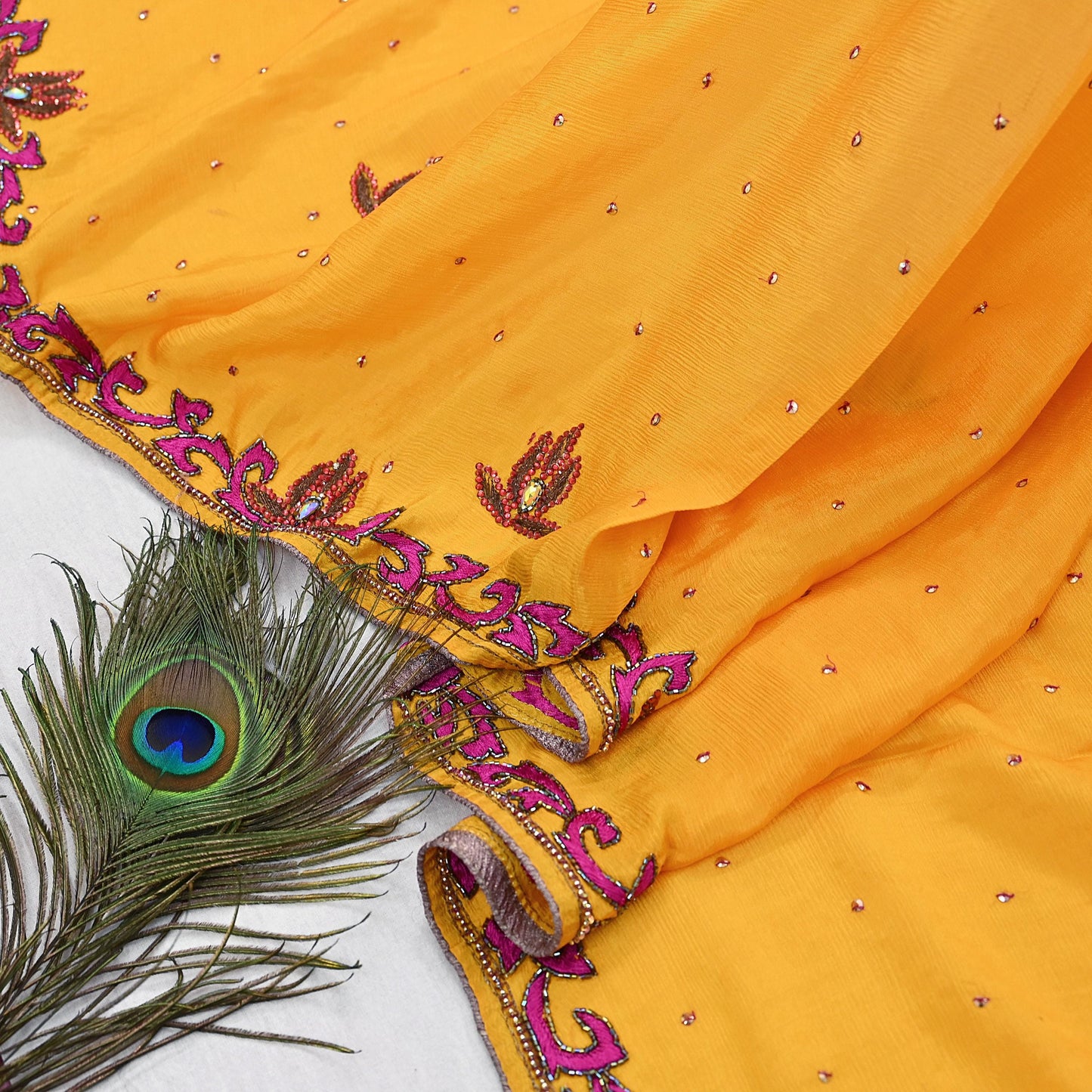 Indian Vintage Saffron Dupatta Pure silk Long Stole Hand Embroidered Scarves Stole Veil Wrap Sequins