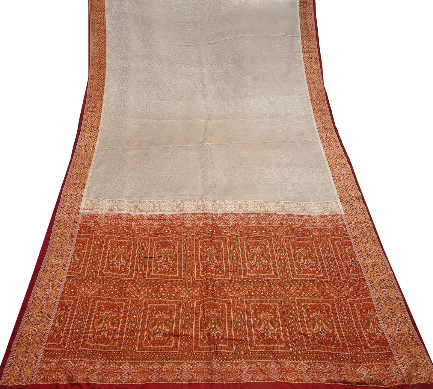 Vintage Gray & Maroon Banarasi Silk Saree Pure Satin Silk Handwoven Tanchoi Fabric with Paisley Weave 5 Yard Dressmaking Craft Material