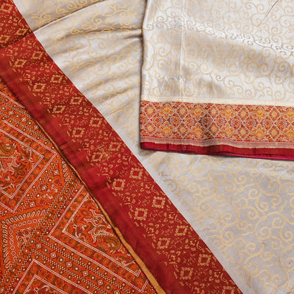 Vintage Gray & Maroon Banarasi Silk Saree Pure Satin Silk Handwoven Tanchoi Fabric with Paisley Weave 5 Yard Dressmaking Craft Material