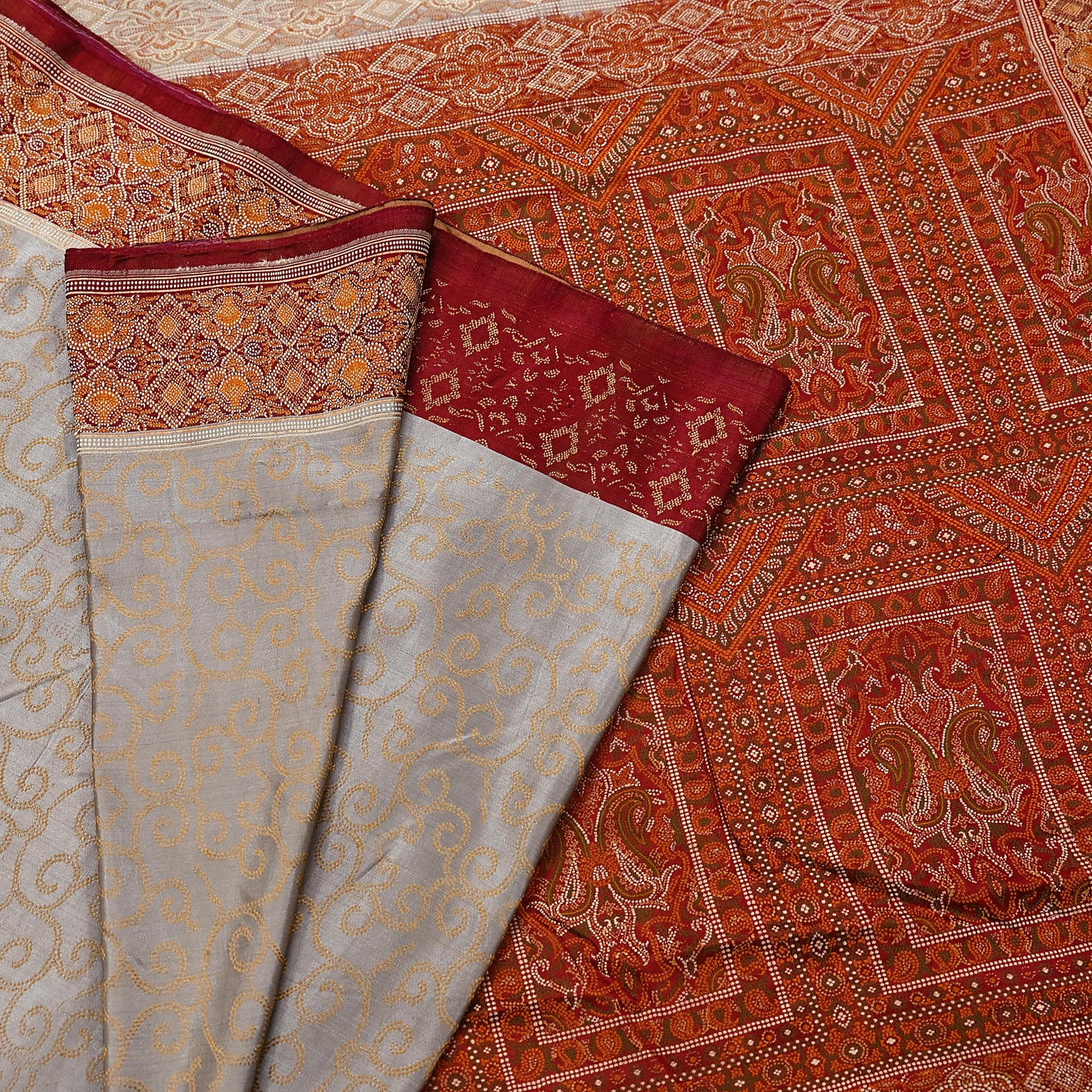 Vintage Gray & Maroon Banarasi Silk Saree Pure Satin Silk Handwoven Tanchoi Fabric with Paisley Weave 5 Yard Dressmaking Craft Material