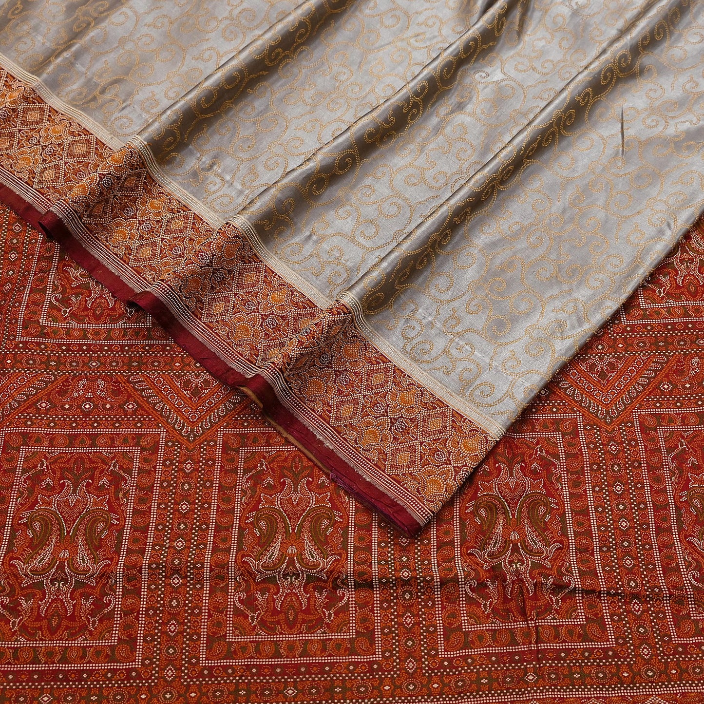 Vintage Gray & Maroon Banarasi Silk Saree Pure Satin Silk Handwoven Tanchoi Fabric with Paisley Weave 5 Yard Dressmaking Craft Material