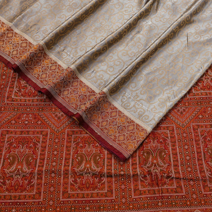 Vintage Gray & Maroon Banarasi Silk Saree Pure Satin Silk Handwoven Tanchoi Fabric with Paisley Weave 5 Yard Dressmaking Craft Material