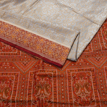Vintage Gray & Maroon Banarasi Silk Saree Pure Satin Silk Handwoven Tanchoi Fabric with Paisley Weave 5 Yard Dressmaking Craft Material